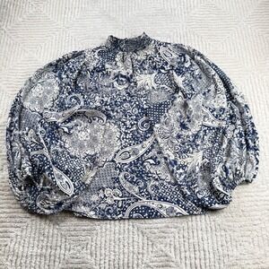 CeCe Paisley Smocked Blouse Womens Small Navy Blue Boho Cottagecore Romantic